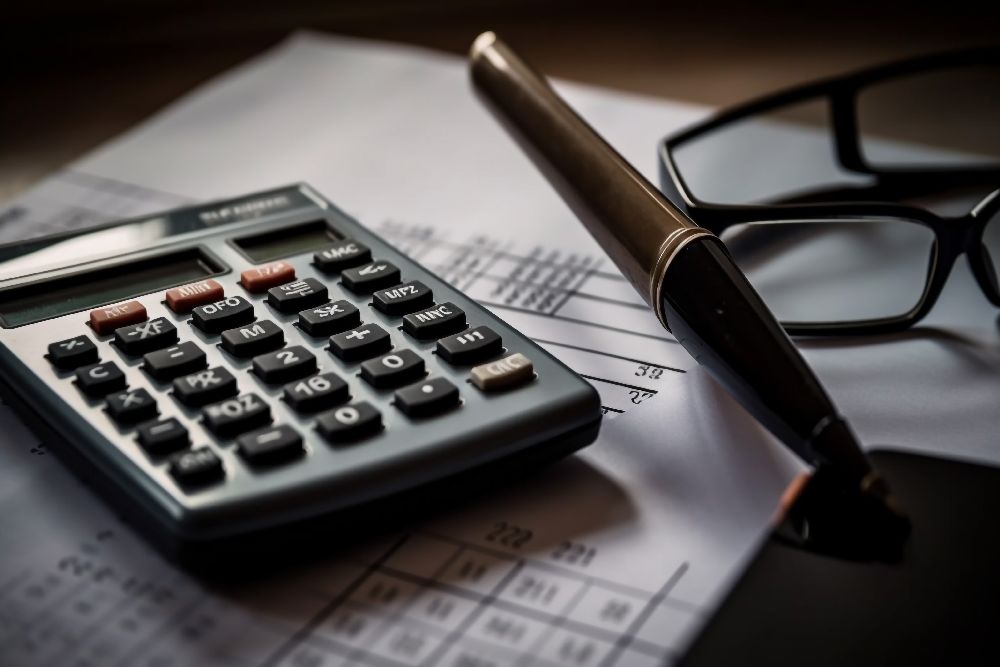 Calculator Pen And Glasses Sit On Top Of Piece Of Papoer