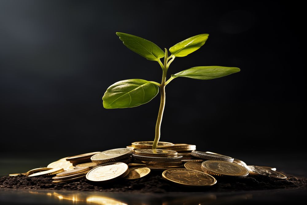 Coins In A Pile With Green Plant Growing From The Middle