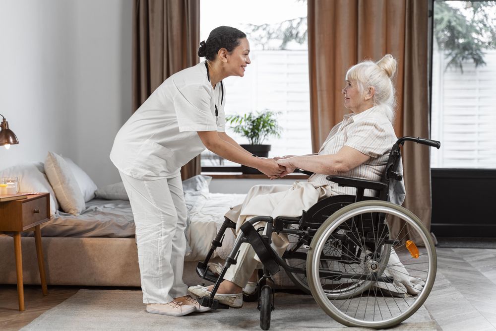 Doctor Talking With Elder Patient In A Wheelchair In A Long-Term Care Home