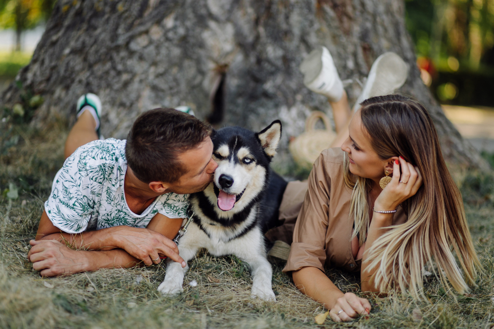 Young Couple Laying On The Grass In Front Of Tree Trunk With Dog In Between Them